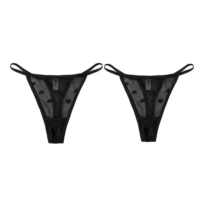 2Pcs Heart See Through Mesh G-String T-Pants Underpants Sexy Lace Sheer Underwear Women's Low Waist Lingerie Thong Panties