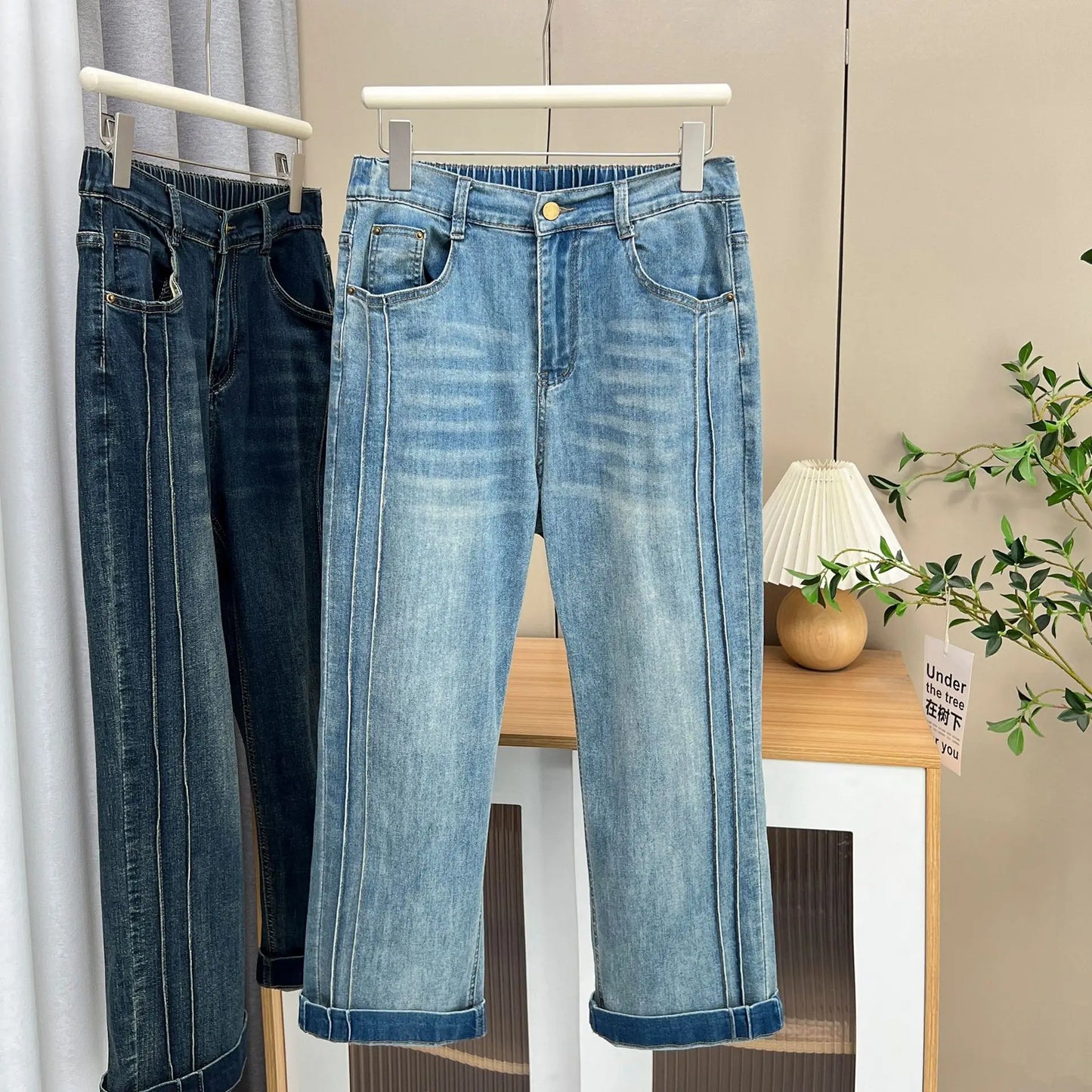 100KG Summer Jeans New Plus Size Women's Clothing Simple And Thin Denim Straight Pants Side Fold Splice Ankle Style Bottoms 8930