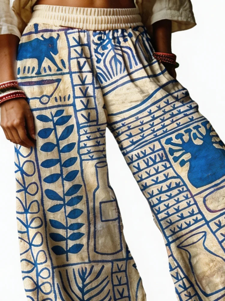 Fashionable Wife's Trendy Bohemian Style Blue Geometric Hand-Painted Print Wide-Leg Pants, High-Waisted Stretch Pants, Summer Beach Vacation Outdoor Casual Pants