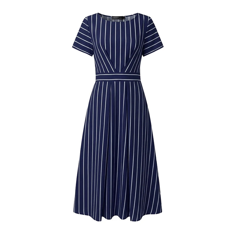 ZANZEA Fashion Women Short Sleeve Striped Sundress Summer OL Work Dress Elegant A Line Waisted Midi Robe Casual Holiday Dresses