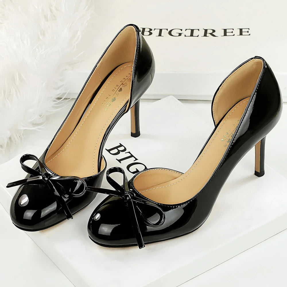 BIGTREE Shoes Round-toe Women Pumps Patent Leather High Heels Bowknot Women Heels Stiletto 8 cm Sexy Party Shoes Nude Black