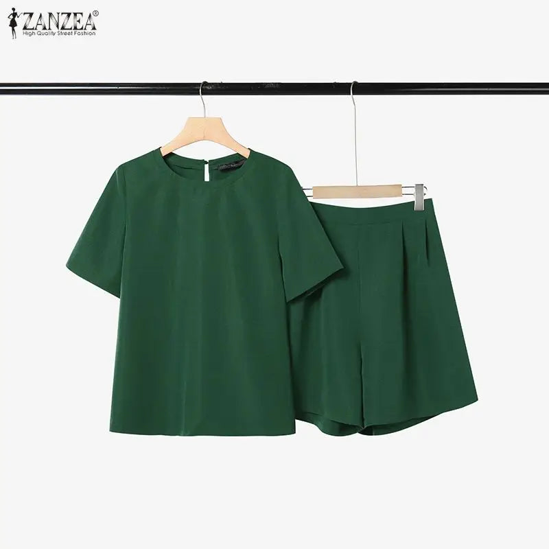 Fashion Summer Short Sleeve Blouse Short Sets 2026 ZANZEA Women Solid Color Tracksuit 2026 Stylish OL Work Outfits 2 Pieces Sets