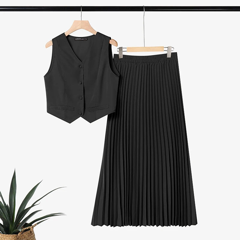 ZANZEA 2PCS Office Outfits Summer Elegant Sleeveless V Neck Short Sleeve Cropped Shirt Pleated Dress Sets Women 2 Pieces Sets