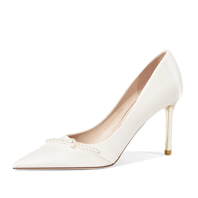 Women's Summer Footwear Bride Pumps Shoes for Woman 2025 Wedding Shoe on Heeled Pointed Toe Pearl Stilito High Heels Popular 39