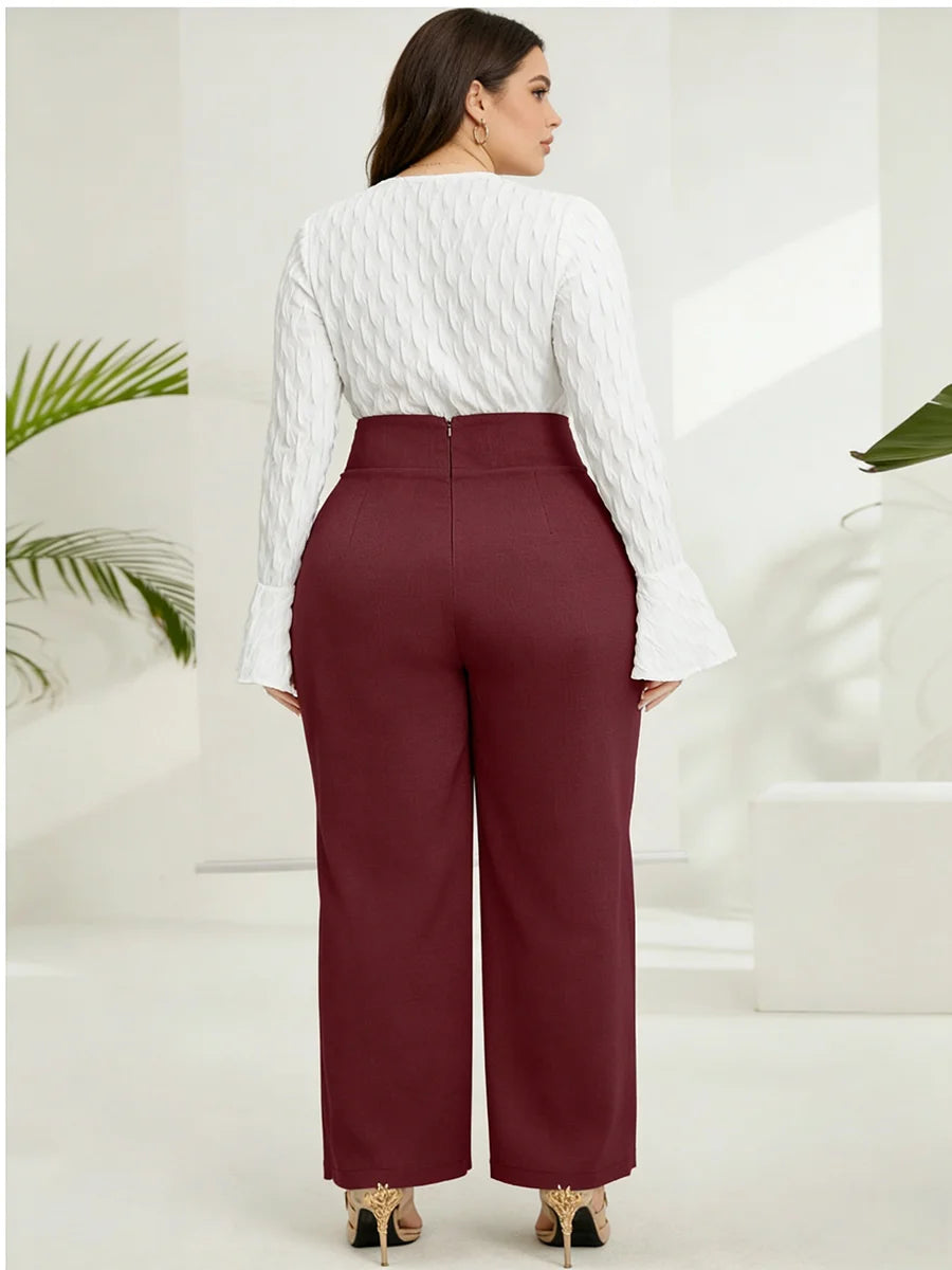 Plus Size Women's Pants High Waist Back Zipper Solid Textured Wide Leg Bottoms Elegant Spring Summer Office Stretch Bottoms