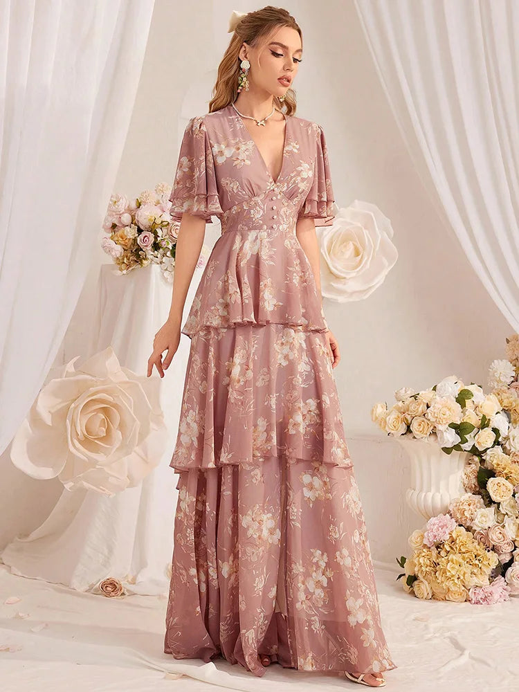 TOLEEN New in 2024 Casual Deep V-Neck Slim Floral Printed Tiered Ruffle Hem Long Dresses Fashion Summer Elegant Women's Clothing