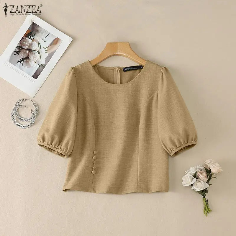 ZANZEA Summer Short Sleeve Tops Fashion Women Blouses Puff Sleeve Tee Streetwear OL Work Casual Blusas Oversize Tunic S-3XL