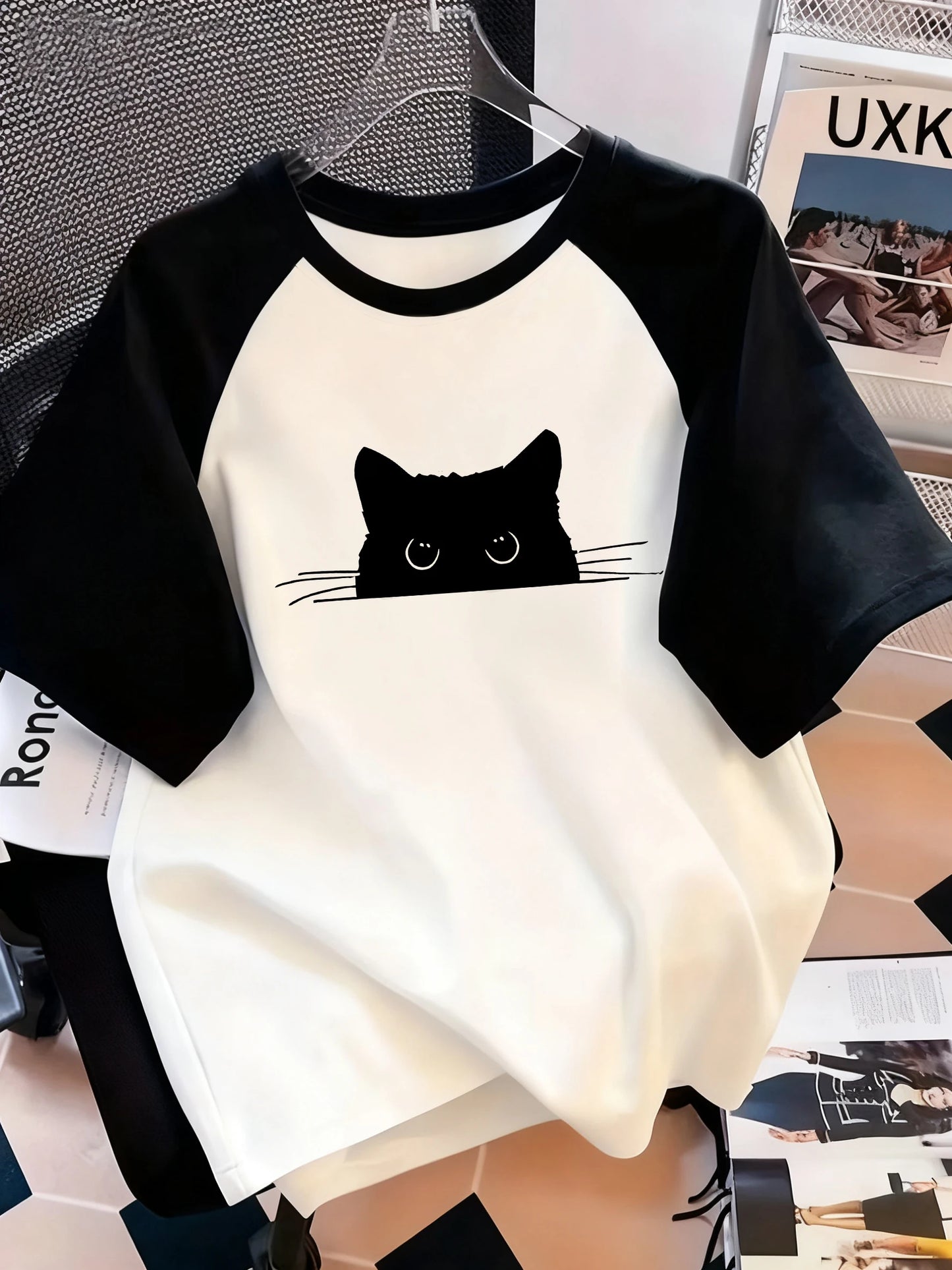 Kawaii T Shirt Retro Black Cat Letter Print Crew Neck T-Shirt Casual Short Sleeve Top for Spring Summer Women's Clothing