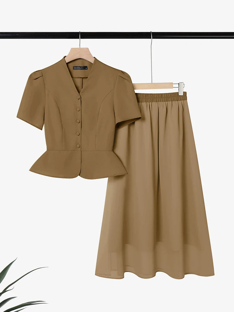 2026 ZANZEA Stylish Office OL Outfits Women Summer 2 Pieces Sets Elegant Short Sleeve Waisted Blouse Dress Sets Solid Skirt Suit