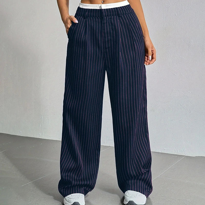 High Waist Stripe Printed Spliced Suit Trousers Women Casual Loose Straight Wide Pants Simple All-Match Draped Full Length Pants