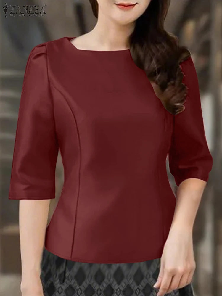 ZANZEA Elegant Womens Blouses Fashion Square Neck 3/4 Puff Sleeve Blusas Mujer 2025 Spring Summer Casual Side-Zip Short Tops