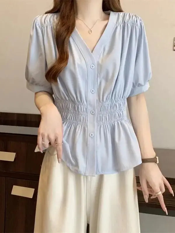 Elastic waist cinching and slimming summer shirt, women's short sleeved solid color top, new minimalist V-neck French style top