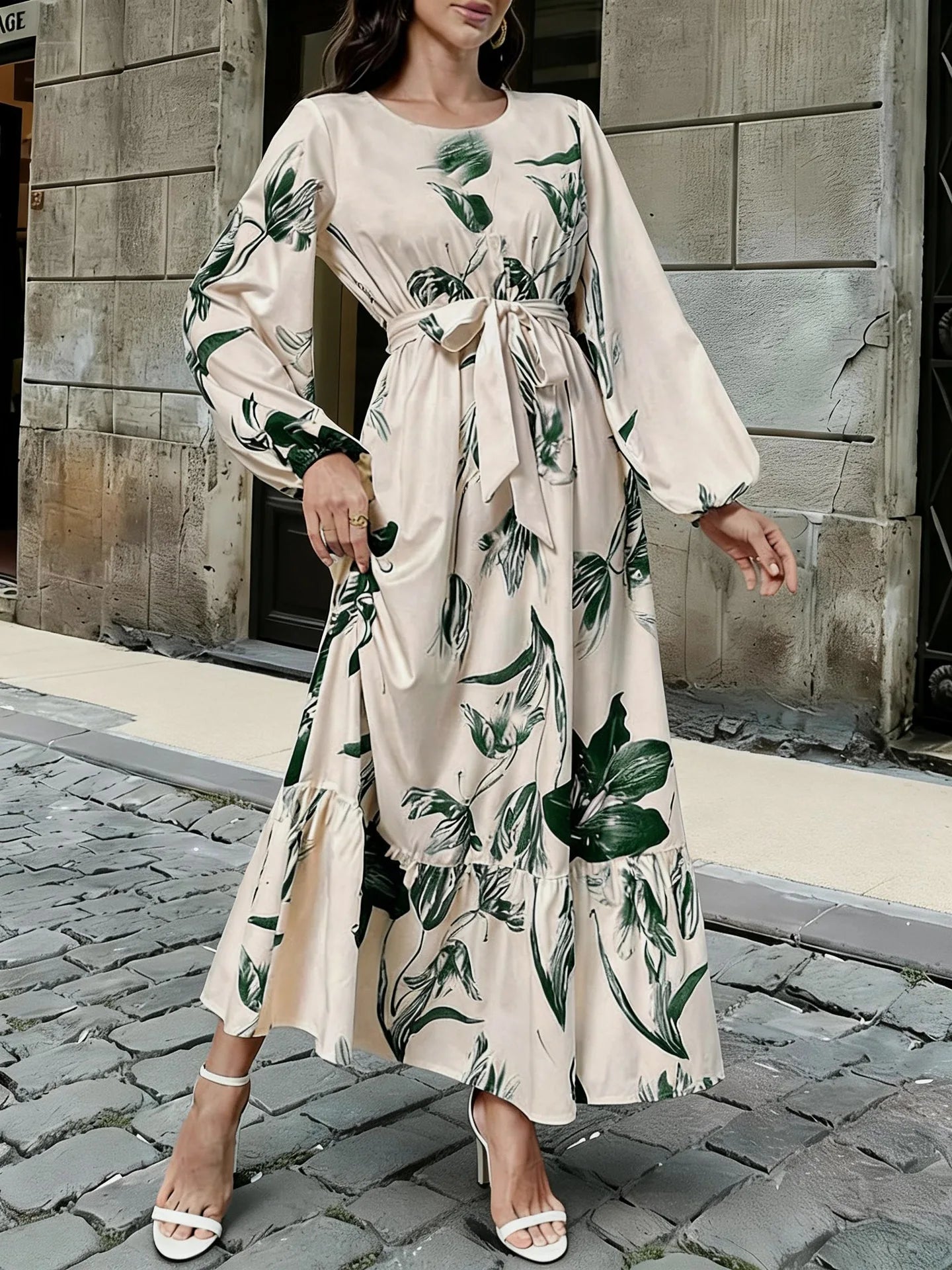 New Western style elegant floral print elastic waist spliced ruffled hem dress
