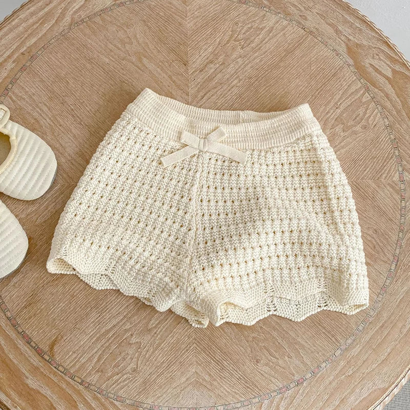 2026 New Summer 0-6Yrs Children Clothes Suit Short Sleeved Solid Color Knitted Pullover+Shorts Newborn Baby Girls Clothing Set