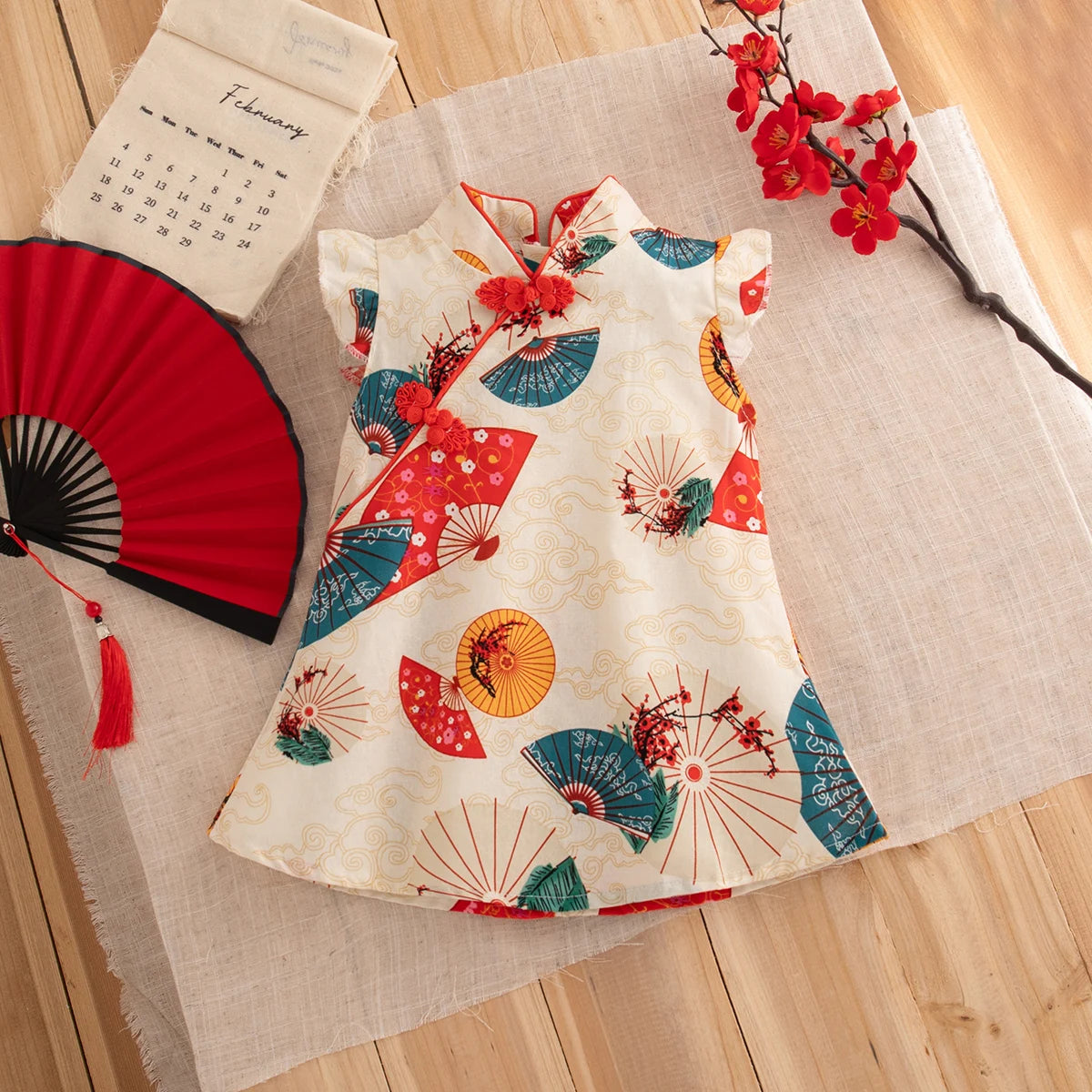 Baby Cheongsam Summer Chinese Style Print Fly Sleeve Cotton Red Qipao Toddler Girl Dress 0-2 Years