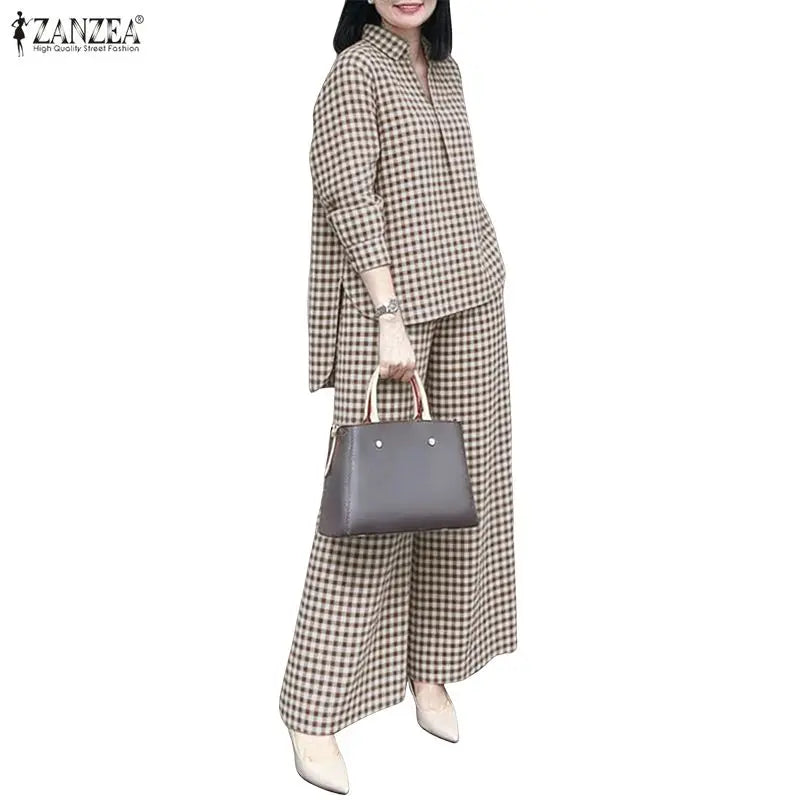 ZANZEA Women's Gingham Pant Suits Collared Long Sleeve High-Low Blouse & Wide Leg Pant 2 Pieces Sets Streetwear Casual Outfits