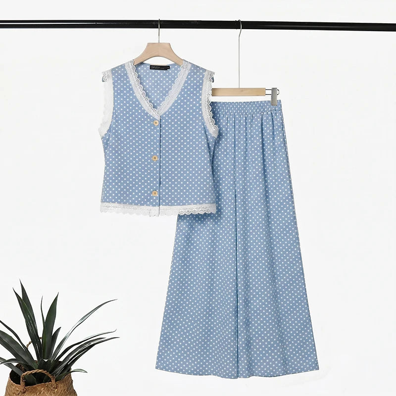 ZANZEA Summer Women Polka Dot Pant Sets Lace Trim V-Neck Sleeveless Top & Wide Leg Pants 2-Piece Sets Casual Streetwear Co-ords