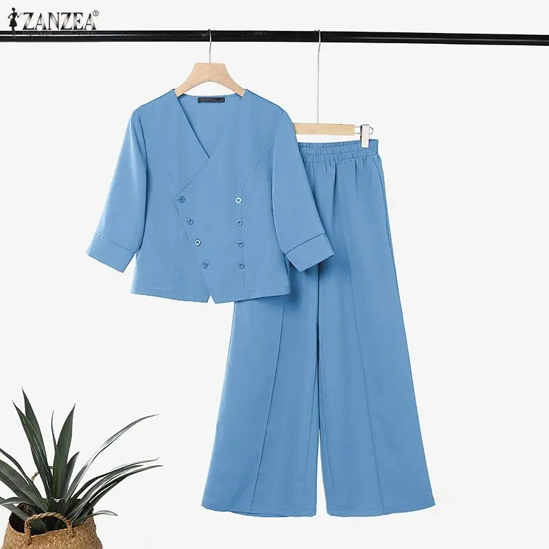 ZANZEA Fashion Women V Neck 3/4 Sleeve Blouse Wide Leg Trousers Two Pieces Pant Sets Casual OL Work Suit Solid Matching Sets