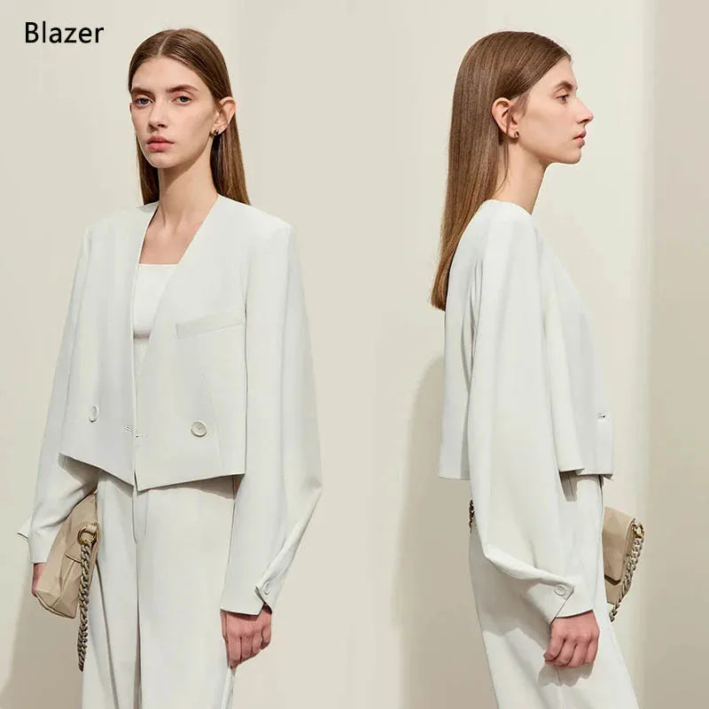 AMII Minimalism Women's Pants 2025 Autumn New Office Lady V-neck Loose Short Blazer Jacket Casual Solid Pants Separate 12441110