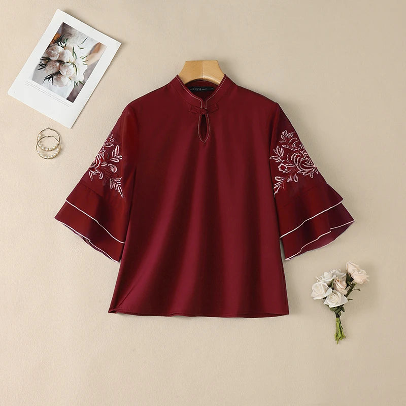 ZANZEA Women Floral Embroidered 3/4 Flared Sleeve Blouses Vintage Mandarin Collar Keyhole Neckline Tops Elegant Blusas de Mujer