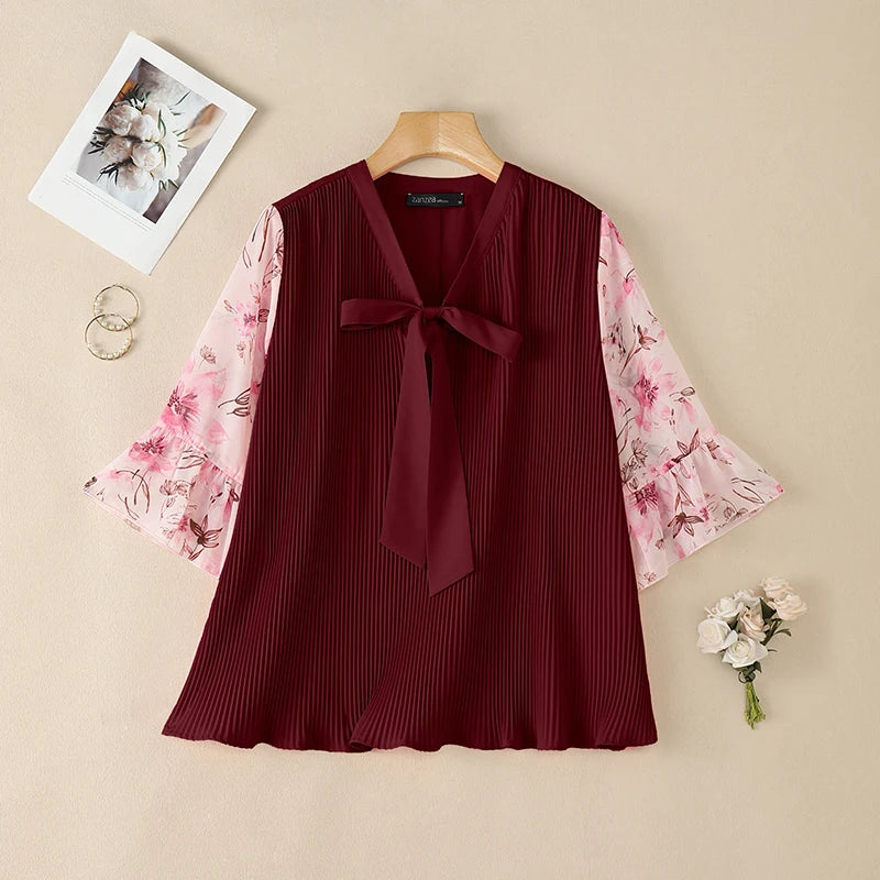 ZANZEA Women Elegant Plisse Blouses Floral Printed 3/4 Flared Sleeve Tops Summer Casual Loose Bow Detail V-Neck Blusas de Mujer