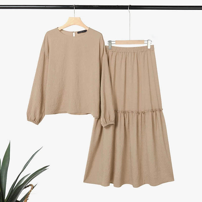 2026 ZANZEA Fashion Women Long Sleeve Tops Dress Suit Muslim 2 Piece Sets Solid Outfits Dubai Hijab Tracksuit A Line Skirt Sets