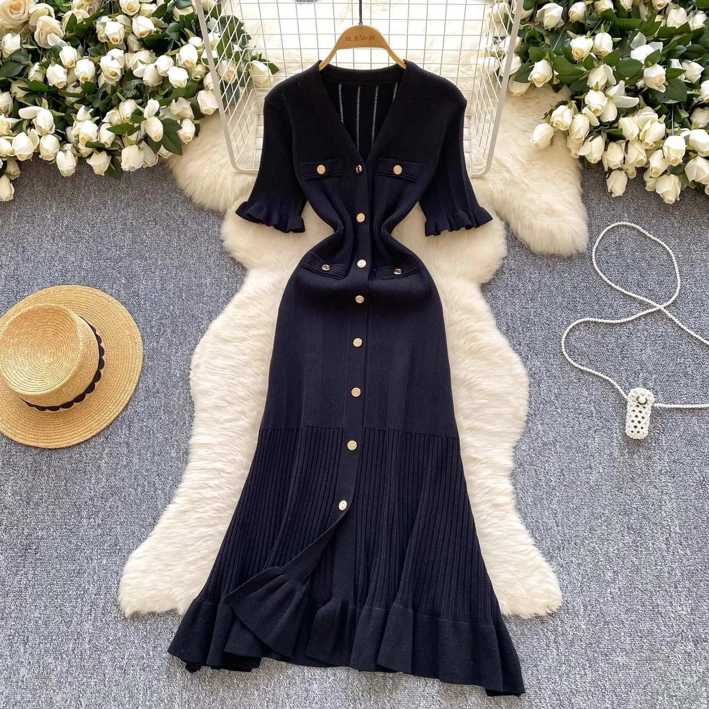YuooMuoo Brand Fashion Vintage Knitted Long Dress Spring Summer Women Elegant V-neck Ruffled Bodycon Sweater Dress Party Vestido