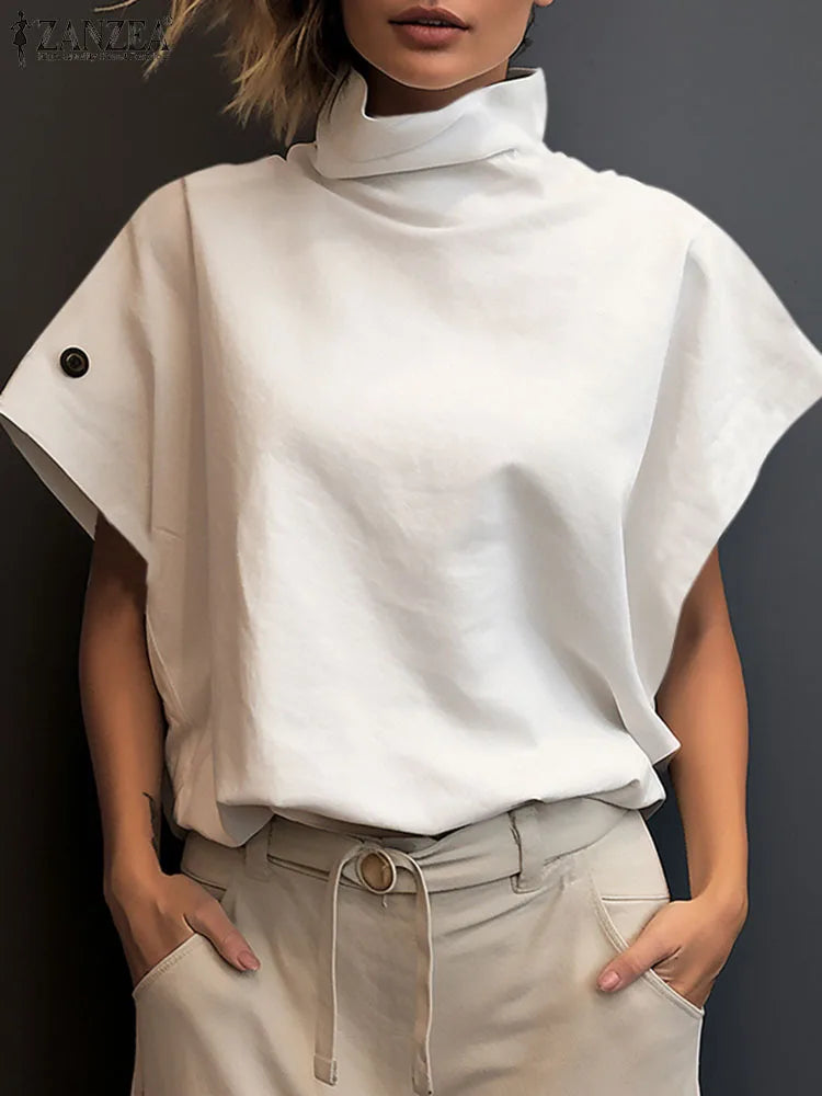 ZANZEA Women Stylish Turtleneck Chic Blouses 2025 Summer Trendy Cap Sleeve Streetwear Loose Casual Blusas Mujer Solid Color Tops