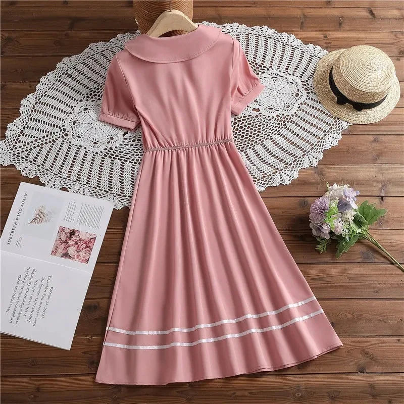 2026 Summer Peter Pan Collar Kids Girls A-LINE Short Sleeve Princess Teenager Bow Striped Dresses JK Student 4 8 9 10 12 14 Year