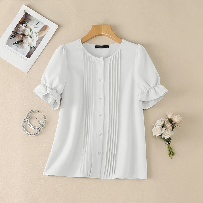 ZANZEA Women Elegant Pintuck Detailing Blouses Summer Casual Short Sleeve Tops Commute Solid Color O-Neck Button Up Blusas Mujer