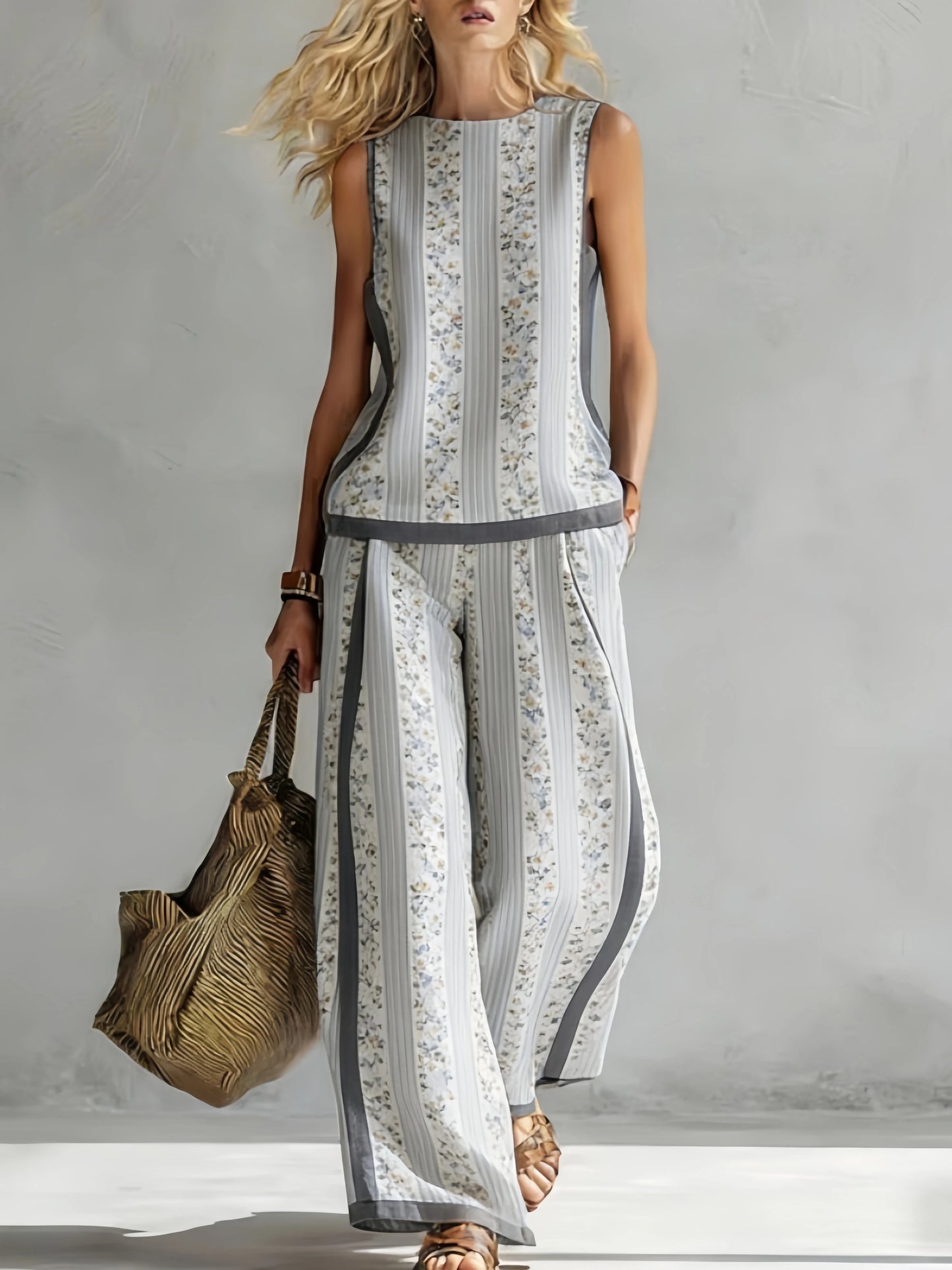 Fashion Retro Printed Sleeveless Tops Trousers 2-piece Set Women's Summer Casual Vest Loose Wide Leg Trousers Female Suit Pocket