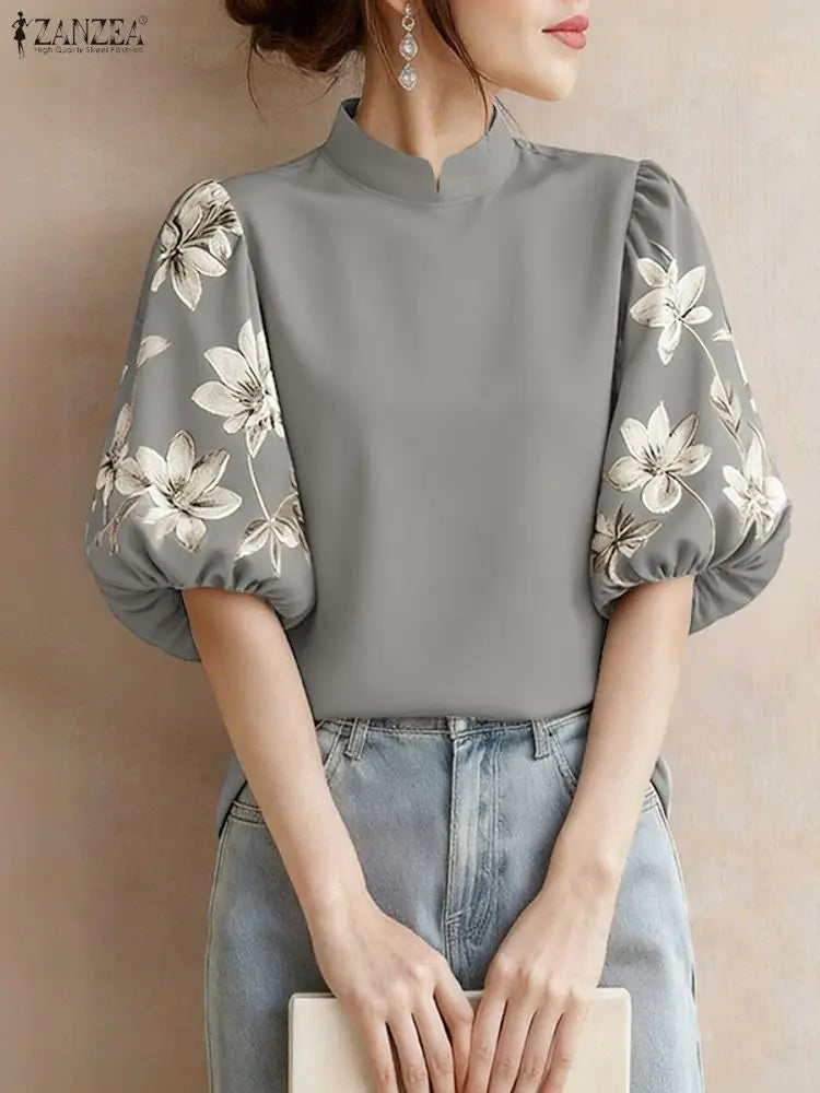 ZANZEA Elegant Women Blouses Fashion Stand Collar Floral Printed Half Lantern Sleeve Casual Tops Spring 2025 Woman Clothes S-3XL