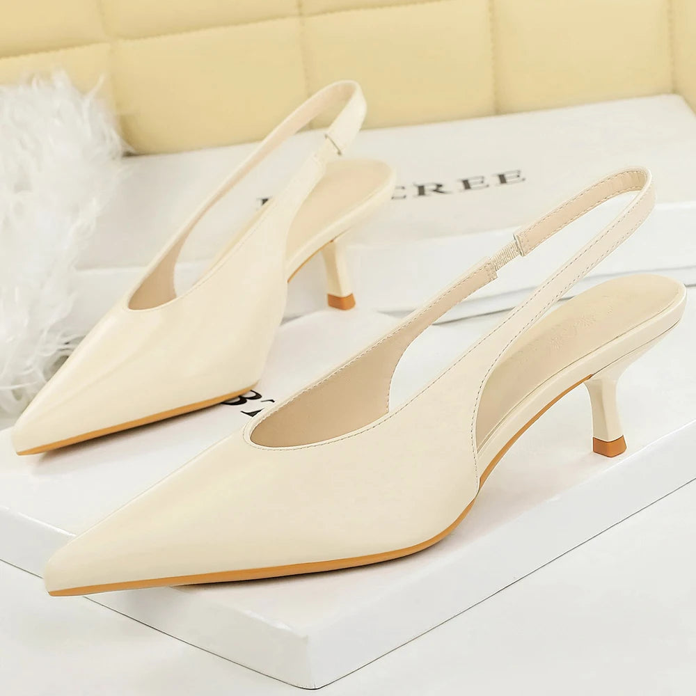 BIGTREE Shoes Kitten High Heels Women Pumps Stiletto Heels 5 cm Pointed Toe Middle Heel Shoes Rear Empty Rear Strap Women Shoes
