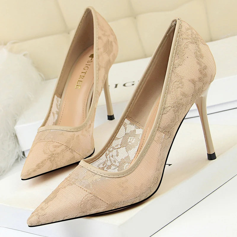 BIGTREE Shoes Mesh Hollow Lace Women Pumps Sexy Party Shoes High Heels Wedding Shoes Lace Stiletto Heels 9 cm Ladies Shoes 2026