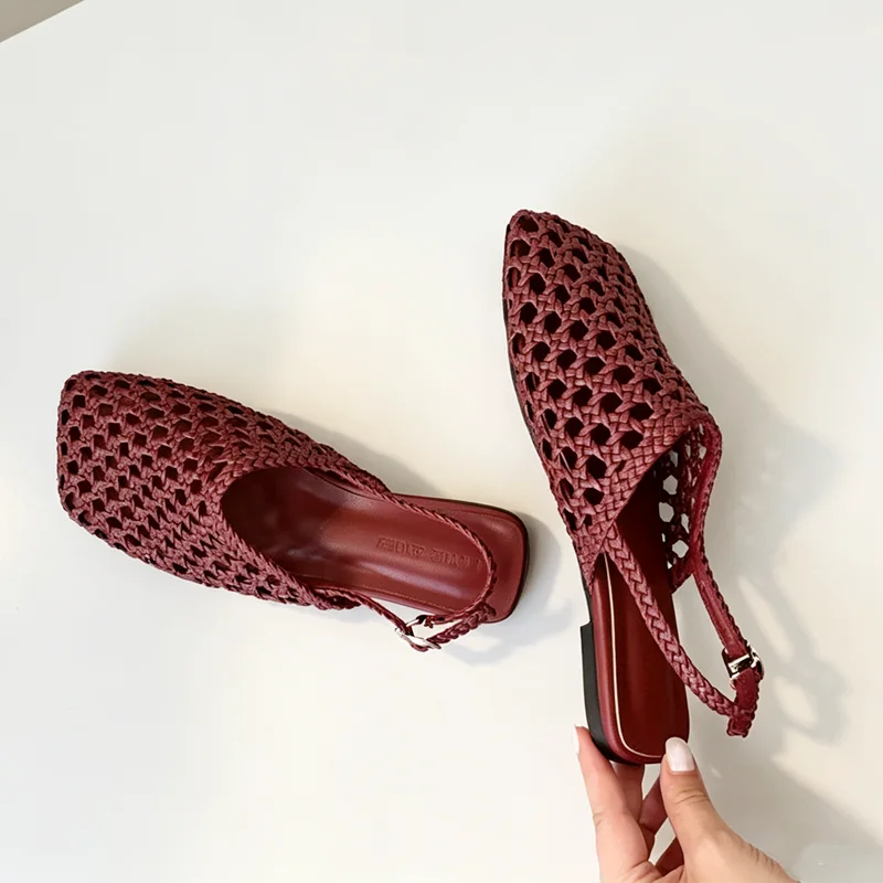 High Quality Hollow Woven Flat Sandals Women Square Toe Back Strap Detail Lolita Style Shoes Summer Comfortable Women's Shoes