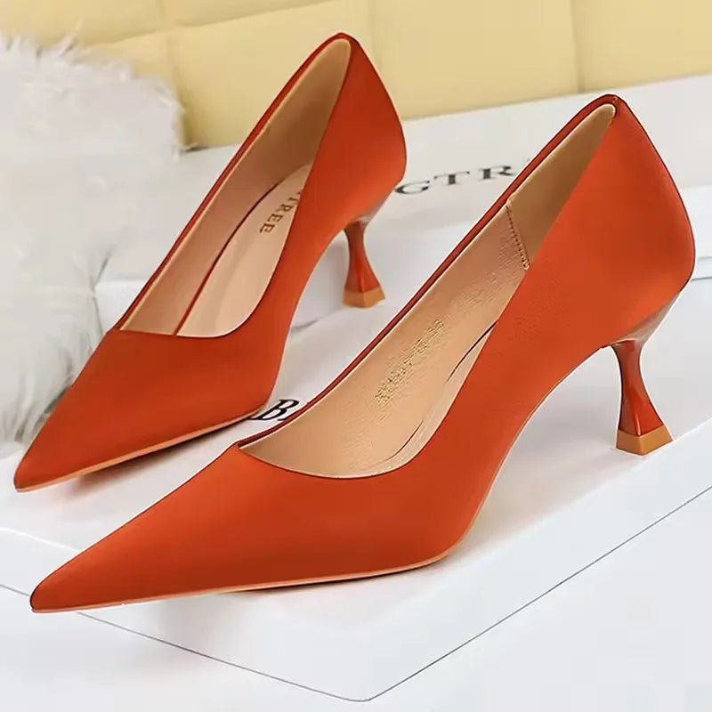 BIGTREE Shoes Kitten Heels 5.5 Cm Women Pumps Silks Satins Lady Heels Fashion Women Shoes Low Heel Female Shoes Large Size 43