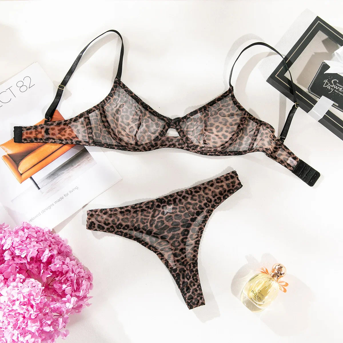 Sexy Lace Bra Sets for Women Underwear White Zebra Printed Push Up Underware Trasparent Mesh Bra Thong Brief Sleepwear