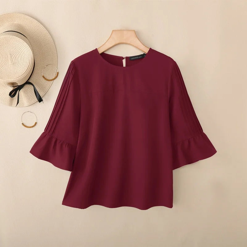 ZANZEA 2026 Woman Casual Effortless Blouses O-Neck Pintuck Detailed 3/4 Flared Sleeve Solid Color Tops Autumn Daily Blusas Mujer