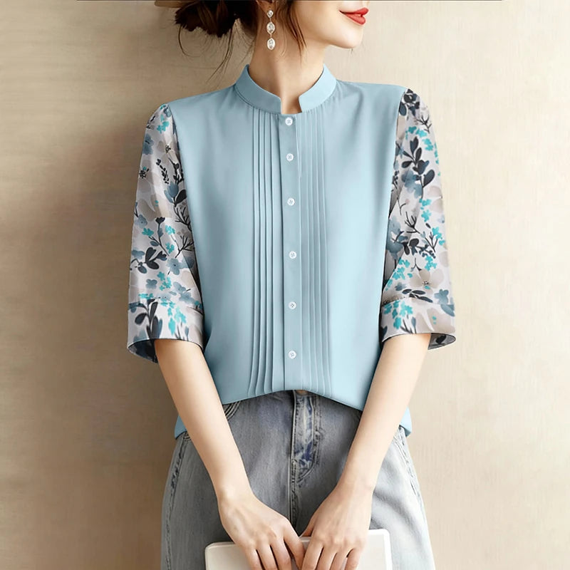 ZANZEA Elegant Floral Printed 3/4 Sleeve Shirts Women Fashion Stand Collar Button Up Pintuck Patchwork Blouses Spring Woman Tops