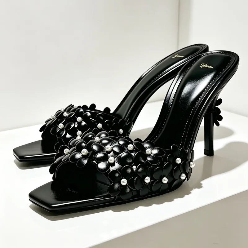 Elegant Flower Pearl Detail Heeled Mule Sandals Women Fashion Square-Toe Open-Toe Slide Sandals Wedding Brides Designer Shoes