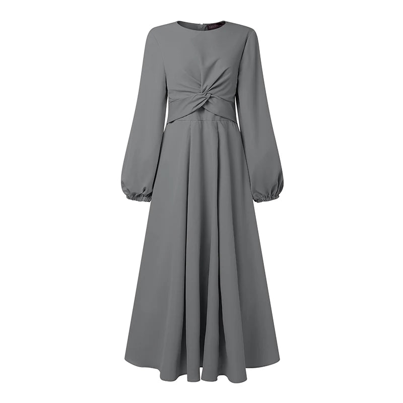 ZANZEA Elegant Muslim Abaya Dresses Ramadan Robe Stylish Women Long Lantern Sleeve Pleated Sundress Kaftan Solid Maxi Long Dress