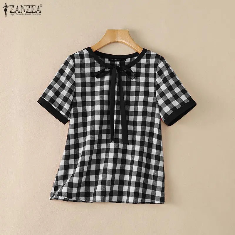 ZANZEA Women Summer Blouses Short Sleeve Blusas Elegant Office Work Tee Casual Plaid Tops O Neck Streetwear Oversize Tunic