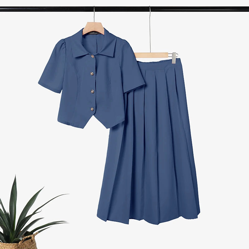 ZANZEA Women's Elegant Skirt Suits Collared Short Sleeve Shirt & Pleated Maxi Skirt 2 Pieces Sets Korean Fashion Party Outfits