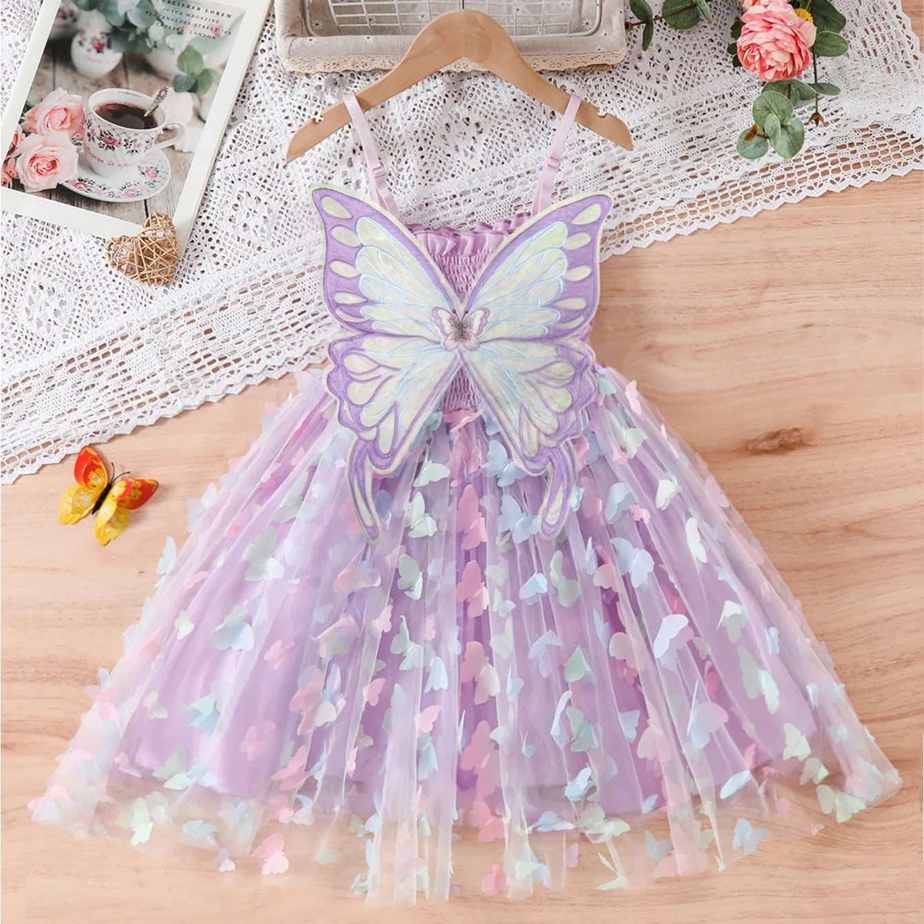 2024 Girls Purple Butterfly Dress Summer Children Colorful Mesh Dress Baby Sling Wings Princess Dress for Birthday 3-8T