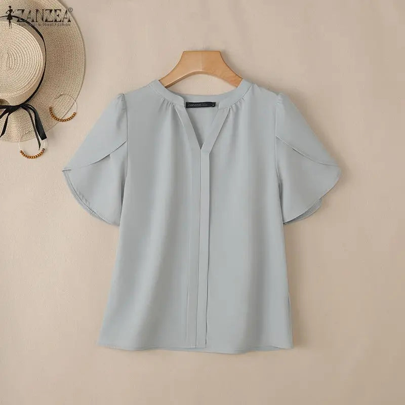 ZANZEA Women Blouse Summer Short Short Sleeve Tunic Top Pleated Elegant OL Casual Work V-Neck Solid Blusas Tunic Streetwear