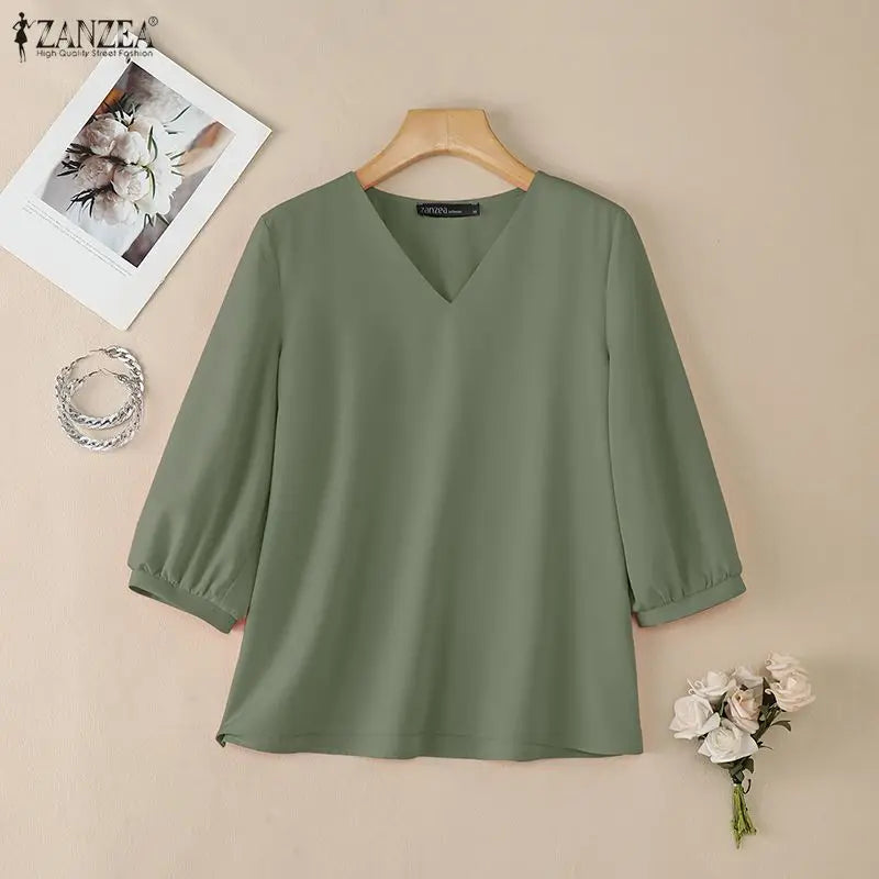 ZANZEA Summer Woman Elegant Daily Casual Blouses 3/4 Puff Sleeve V-Neck Solid Color Blusas de Mujer Minimalist Day Wear Tops
