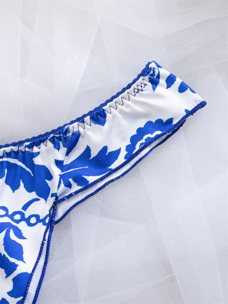 Women's Lingerie Blue Floral Print Bra Panty Set Elegant Intimate Underwear Breathable Gather Bra Comfortable Daily Lingerie Set