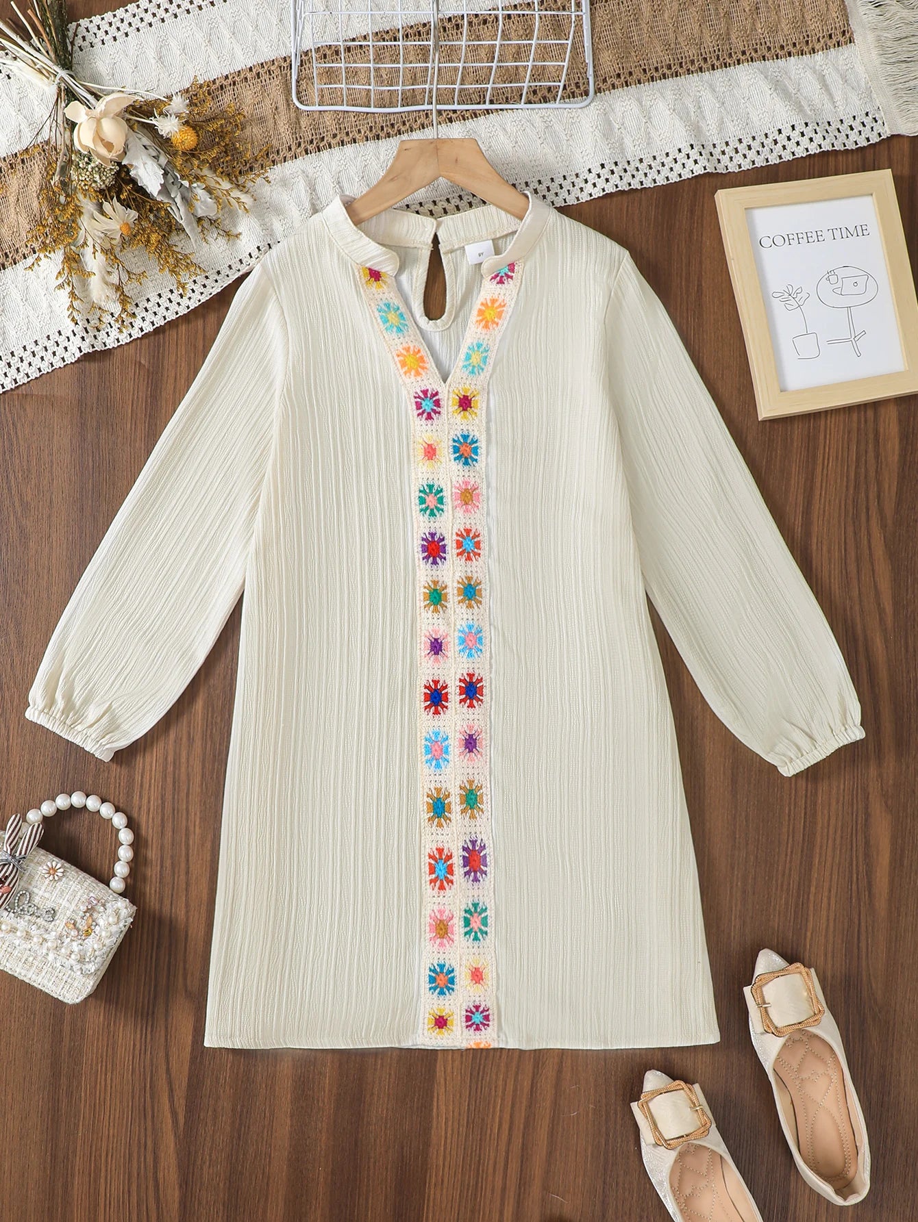 Girls Long Sleeve Dress Ethnic Middle East Style with Embellishment Design Fitted for Outdoor Autumn Wear Casual Outfit