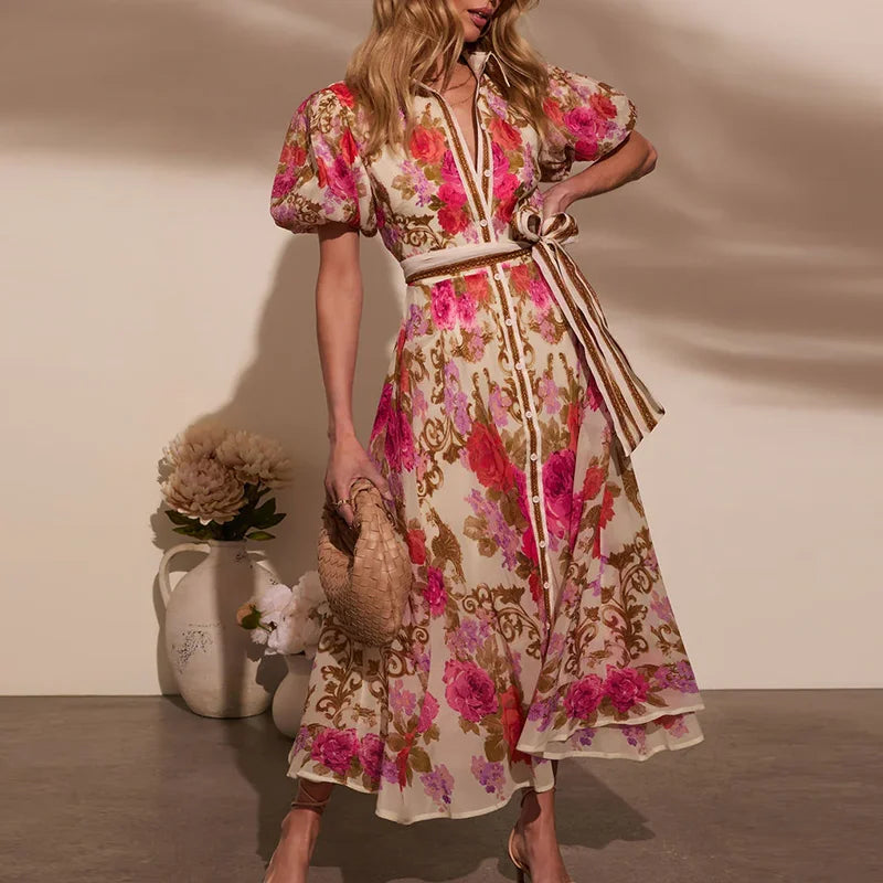 Women Casual Floral Print Bohemian Party Dress Chic Summer Lace-up Long Dress Ladies Elegant Single Breasted Shirts Dress 2025