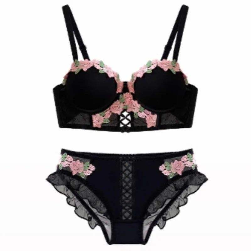 Vintage Floral Lingerie Set Cream Lace Bralette, Retro Push Up Bra for Small Bust Women Pure & Sensual Embroidered Wireless